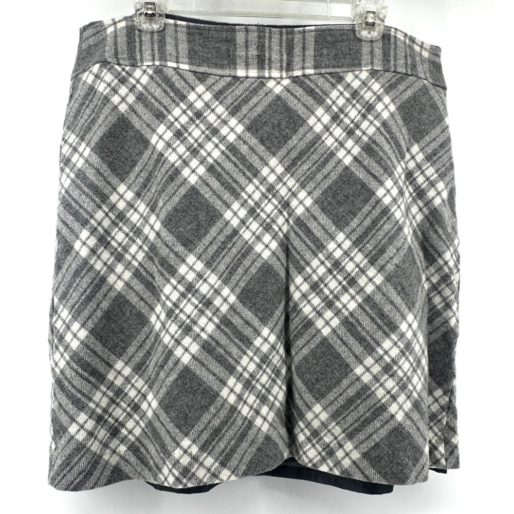 Talbots Gray White Plaid Wool Blend A-Line Skirt Size 18 Side Zip Lined Mini